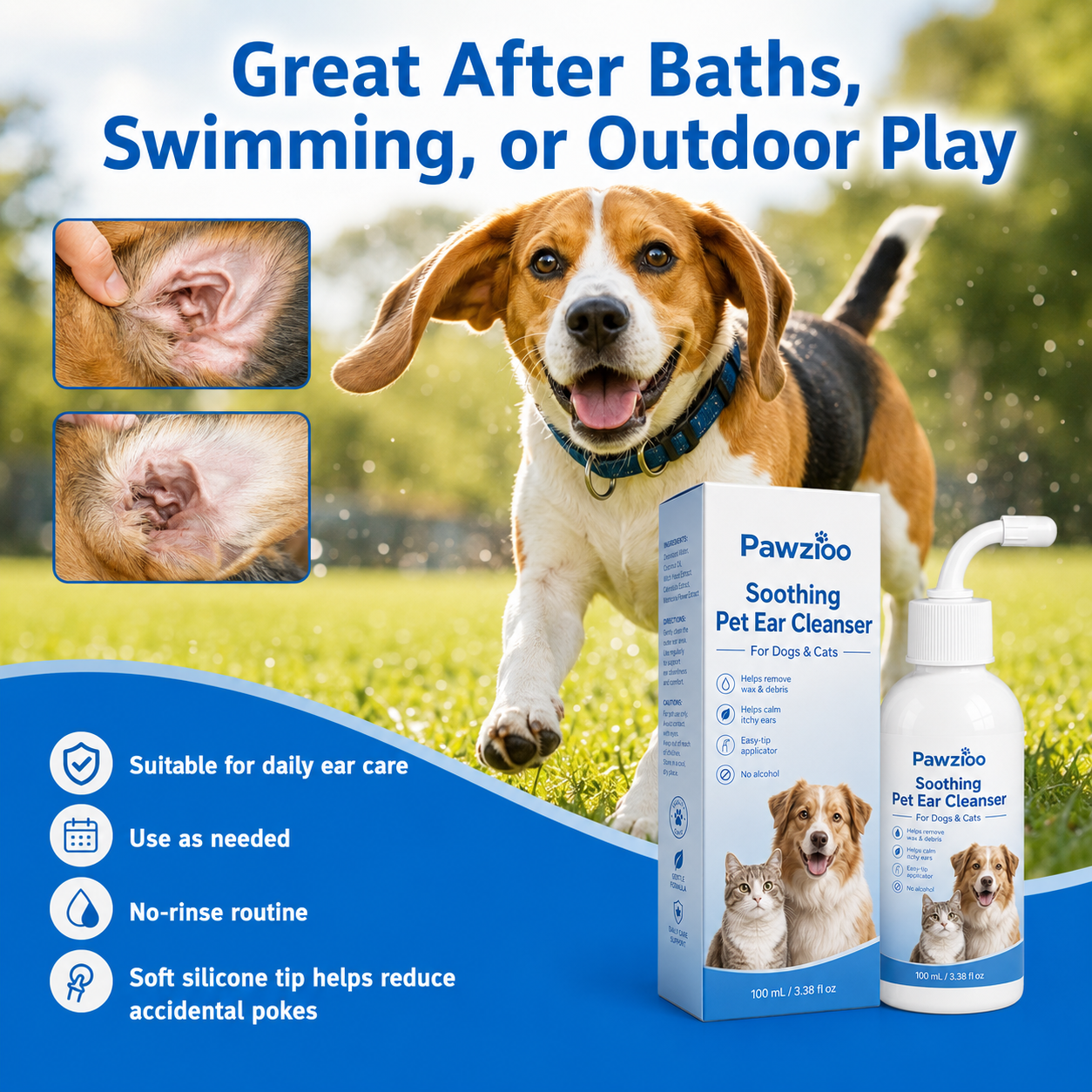 🐾 Pawzioo Soothing Pet Ear Cleanser – Gentle Wax, Odor & Itchy Ear Care for Dogs & Cats 💙